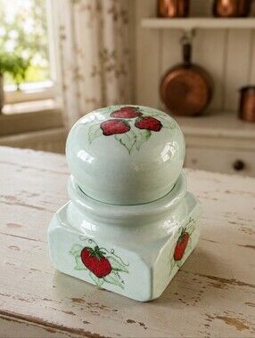 Vintage Hand Painted Strawberry Lidded Trinket Jar Signed Joan 1980 Folk Art